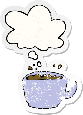 Düşünce baloncuklu çizgi film kahve fincanı insan tarafından çizilmiş yıpranmış bir çıkartma gibi.