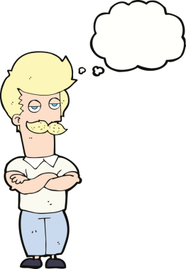 Bir insan tarafından çizilmiş düşünce balonlu bıyıklı kaslı adam.