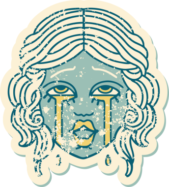 Bir insan tarafından çizilmiş çok mutlu, ağlayan bir kadın yüzünün sembolik, kederli dövme tarzı görüntüsü.