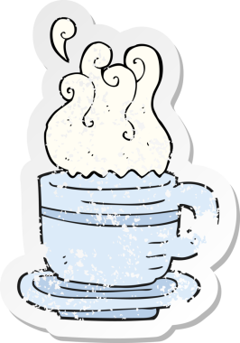 Çizgi film fincanı ve bir insan tarafından çizilmiş çay tabağı etiketi.