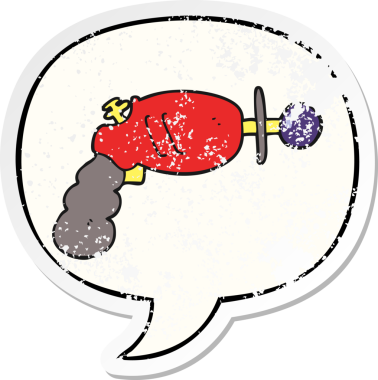 Konuşma balonlu karikatür ışın tabancası bir insan tarafından çizilmiş sıkıntılı eski bir çıkartma