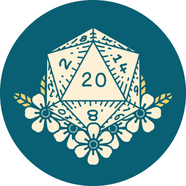 Retro Dövme Biçimi Doğal 20 D20 zar bir insan tarafından çizilmiş çiçek elementleriyle