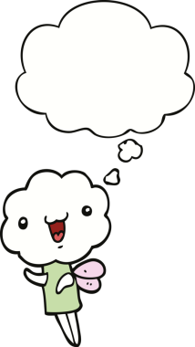 Bir insan tarafından çizilmiş düşünce baloncuğu olan sevimli çizgi film bulutu kafa yaratığı.