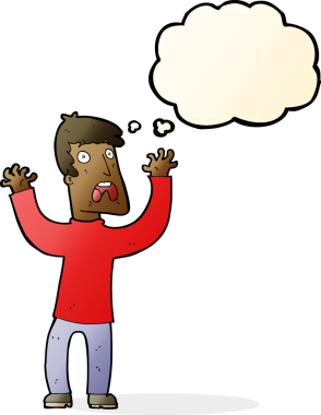 Bir insan tarafından çizilmiş düşünce baloncuğu olan korkmuş bir adam.