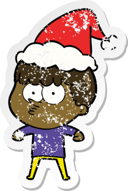 Bir insan tarafından çizilmiş Noel Baba şapkası giymiş meraklı bir çocuğun el çizimi karikatürü.