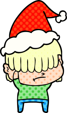 Bir insan tarafından çizilmiş, dağınık saçlı, Noel Baba şapkalı bir çocuğun el çizimi çizgi roman tasviri.