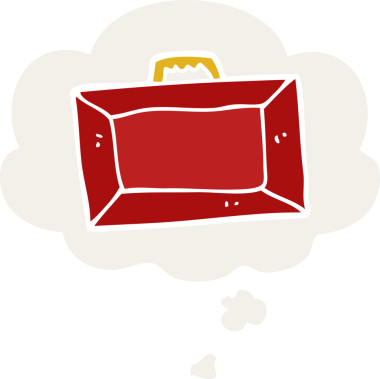 Düşünce baloncuğu olan karikatür çantası insan tarafından çizilmiş.