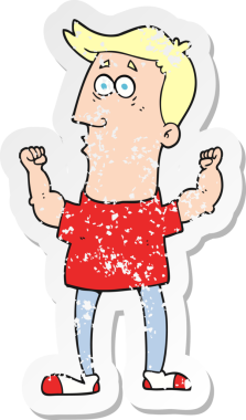 Bir çizgi filmin gerilmiş çıkartması, bir insan tarafından çizilmiş kaslı kasları olan adamı şaşırttı.