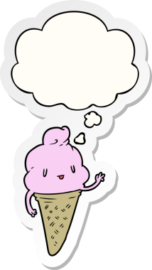 Düşünce baloncuklu tatlı çizgi film dondurması bir insan tarafından çizilmiş çıkartma gibi.