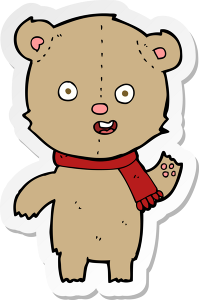 Bir insan tarafından çizilmiş eşarplı oyuncak ayı sallayan bir karikatür çıkartması.