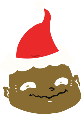 Bir insan tarafından çizilmiş Noel Baba şapkası giyen kel bir adamın düz renkli çizimi.