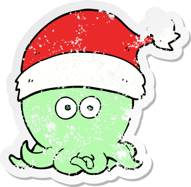 Bir insan tarafından çizilmiş Noel şapkası takan bir ahtapot çizgi film çıkartması.