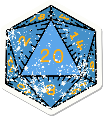 Bir insan tarafından çizilmiş 20 D20 zarının grunge sticker 'ı.