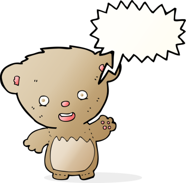 Bir insan tarafından çizilmiş konuşma baloncuğuyla sallanan oyuncak ayı.