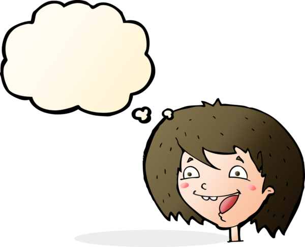 Bir insan tarafından çizilmiş düşünce balonlu mutlu kız çizgi filmi.