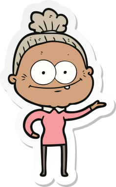 Bir insan tarafından çizilmiş mutlu yaşlı bir kadının çıkartması.