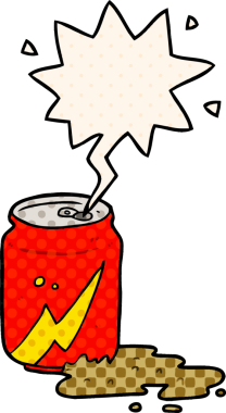 Bir insan tarafından çizilmiş çizgi roman tarzında konuşma balonu olan bir soda kutusu.
