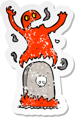 Bir insan tarafından çizilmiş mezardan yükselen karikatür bir hayaletin gerilimli çıkartması.