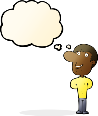 Bir insan tarafından çizilmiş düşünce balonlu mutlu adam çizgi filmi.