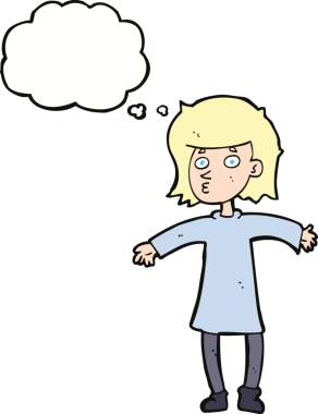 Bir insan tarafından çizilmiş düşünce kabarcığı olan karikatürlü sinirli kadın.