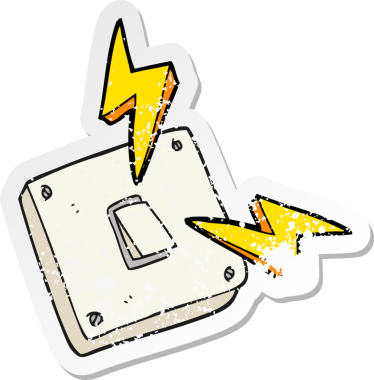 Bir insan tarafından çizilen elektrik düğmesine kıvılcım saçan bir çizgi filmin gerilimli yapıştırması.