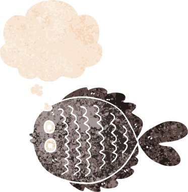 Düşünce baloncuklu karikatür düz balık grunge sıkıntılı retro dokuma bir insan tarafından çizilmiş