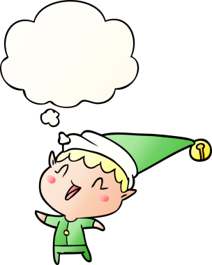 Çizgi film mutlu noel elfi. Düşünce baloncuğu, bir insan tarafından çizilmiş yumuşak bir gradyan tarzı.