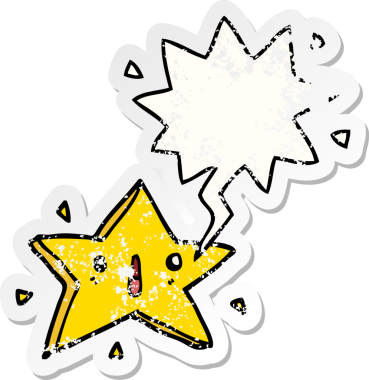 Konuşma baloncuğu olan sevimli bir çizgi film yıldızı bir insan tarafından çizilmiş sıkıntılı eski bir çıkartma