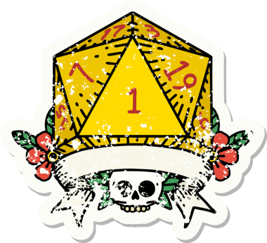 Bir insan tarafından çizilmiş doğal bir d20 zarının grunge çıkartması.