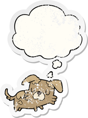Düşünce baloncuğu olan çizgi film köpeği insan tarafından çizilmiş yıpranmış bir çıkartma gibi.