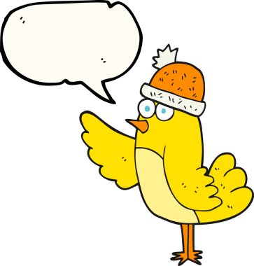 Bir insan tarafından çizilmiş şapkalı serbest konuşma balonu çizgi film kuşu.