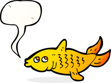 Bir insan tarafından çizilmiş konuşma balonlu çizgi film balığı.