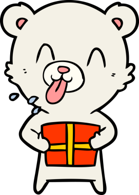 kaba karikatür kutup ayısı bir insan tarafından çizilmiş bir hediyeyle dilini dışarı çıkarıyor.