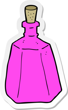 Bir insan tarafından çizilmiş karikatür iksir şişesinin etiketi.