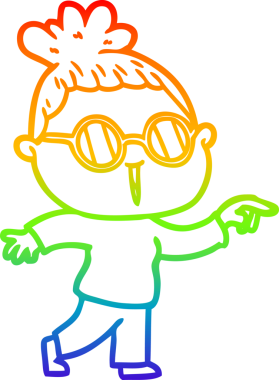 Bir insan tarafından çizilmiş gözlük takan bir karikatür kadının çizimi.