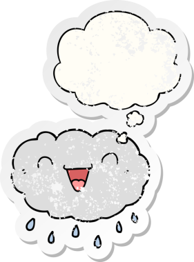 Düşünce baloncuğu olan mutlu çizgi film bulutu bir insan tarafından çizilmiş yıpranmış bir çıkartma gibi.