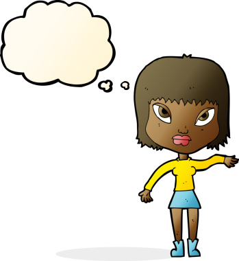 Bir insan tarafından çizilen düşünce baloncuğuyla jest yapan çizgi film kadını.