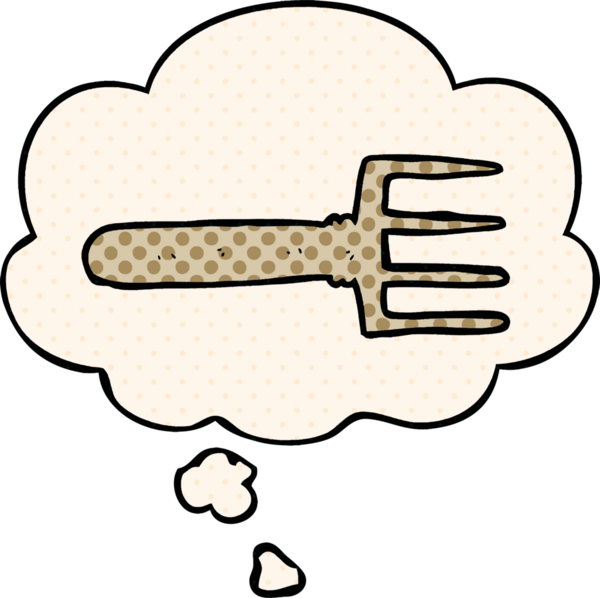 Çizgi roman tarzında bir insan tarafından çizilmiş düşünce baloncuklu çizgi film çatalı.