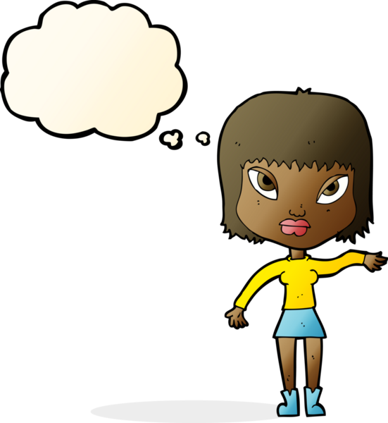 Bir insan tarafından çizilen düşünce baloncuğuyla jest yapan çizgi film kadını.