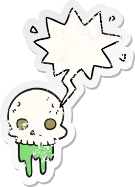 Bir insan tarafından çizilmiş, sıkıntılı, eski bir çıkartma olan, konuşma balonlu, tuhaf cadılar bayramı kafatası çizgi filmi.