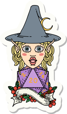 Bir insan tarafından çizilmiş doğal yirmi zarlı elf büyücü karakterinin çıkartması.