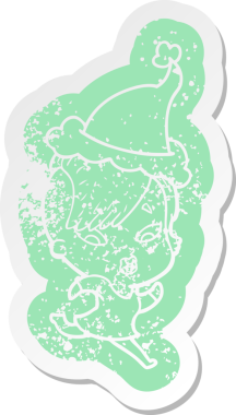 Bir insan tarafından çizilmiş Noel Baba şapkası takan şaşırmış bir kızın garip karikatürü.