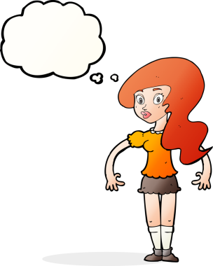 Bir insan tarafından çizilmiş düşünce baloncuğu olan güzel bir kadın.