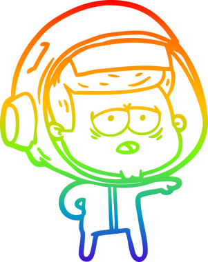 Gökkuşağı gradyan çizgi çizimi bir insan tarafından çizilmiş yorgun astronot