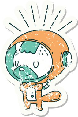 Bir insan tarafından çizilmiş astronot kıyafetli dövme stili bir hayvanın eski çıkartması.