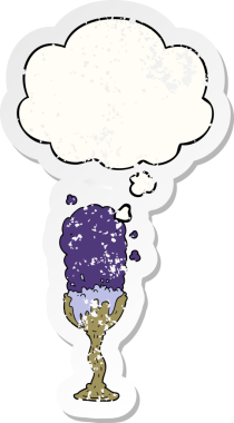 Düşünce baloncuklu karikatür iksiri insan tarafından çizilmiş yıpranmış bir çıkartma gibi.