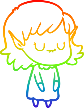 Gökkuşağı gradyan çizgisi mutlu çizgi film kızı bir insan tarafından çizilmiş elbise giyiyor.