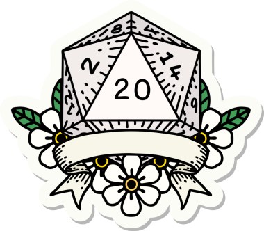 Bir insan tarafından çizilmiş 20 kritik vuruşluk D20 zar etiketi.