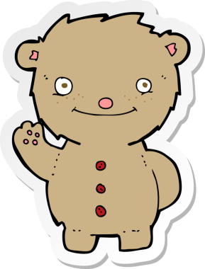 Bir insan tarafından çizilmiş oyuncak ayı sallayan bir karikatür çıkartması.