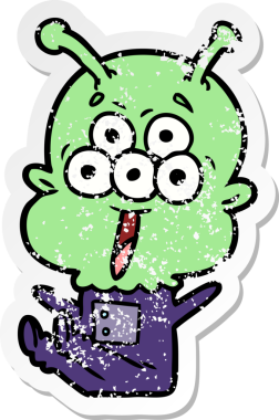 Bir insan tarafından çizilmiş mutlu çizgi film uzaylısının sıkıntılı çıkartması.